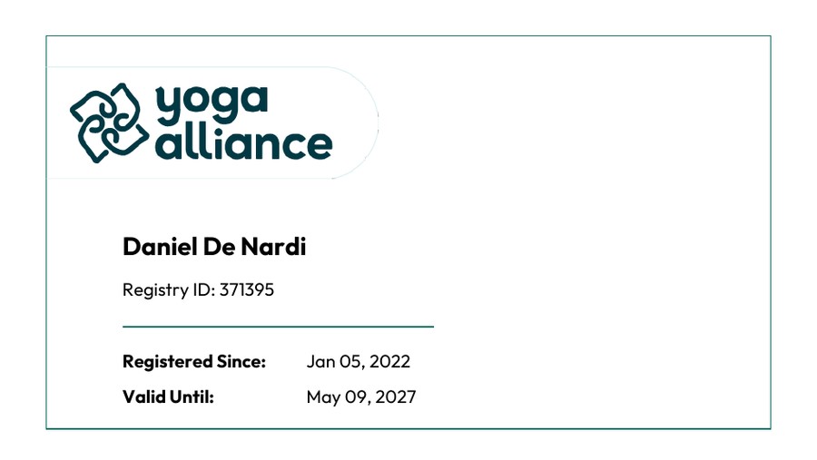 Cart&atilde;o de registro do Yoga Alliance em nome de Daniel De Nardi, registro 371395, desde 5 de janeiro de 2022